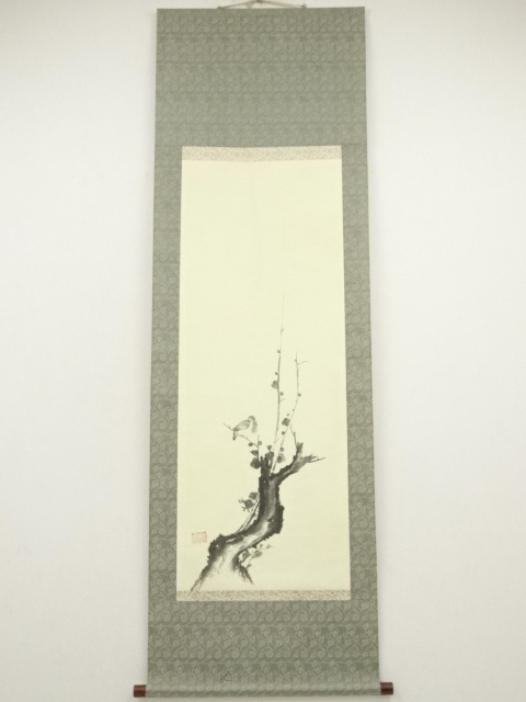 JAPANESE WALL HANGING SCROLL / HAND PAINTED / BIRD ON UME BRANCH / ARTIS WORK 